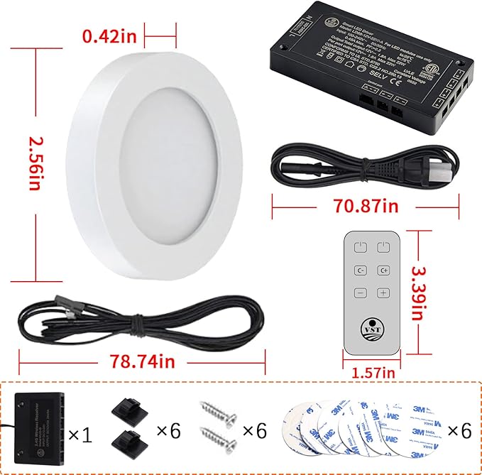 VST Under Cabinet Lights CCT 3000K-6500K, LED Puck Light Color Temperature and Brightness Adjustable with Touch Remote Dimmer and ETL-Listed Led Driver for Drawer Wardrobe Kitchen (White)