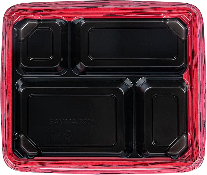 Restaurantware Bento Tek 15.2 Ounce Meal Prep Containers, 100 Disposable To Go Food Boxes - Lids Sold Separately, 4 Compartments, Red And Black Plastic Bento Lunch Boxes, Freezable, For Take Out