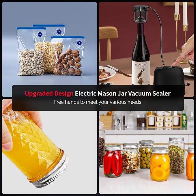 Mason Jar Vacuum Sealer - 3 in 1 Automatic Vacuum & Wine Saver with Food Pump for Canning Jars - Wide & Regular Mouth Mason Lids