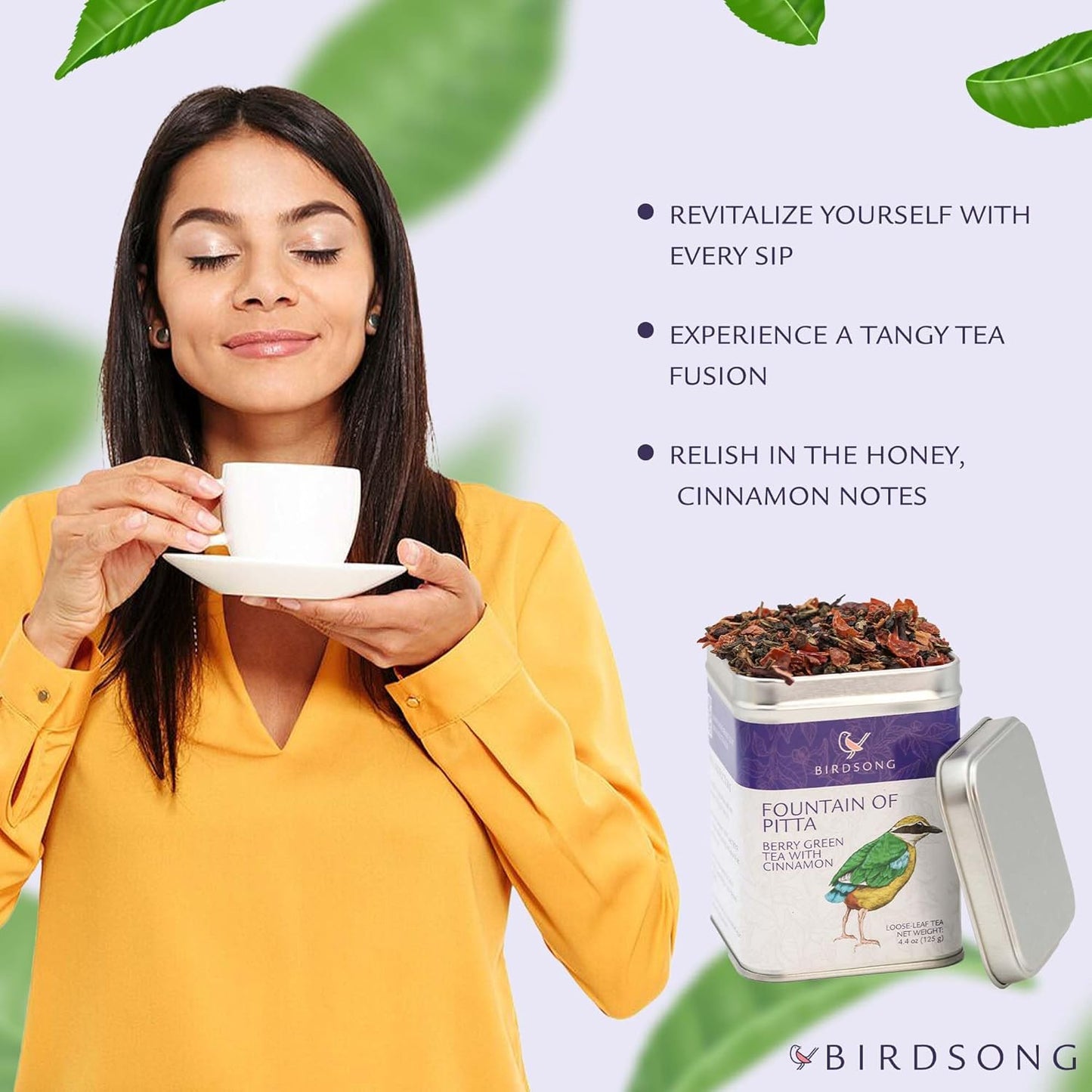 Birdsong Fountain of Pitta: Organic Green Tea Loose Leaf with Berries, Rooibos, and Cinnamon | Light, Refreshing and 100% Natural Tea with Health Benefits | Loose Leaf Hot, Cold Tea