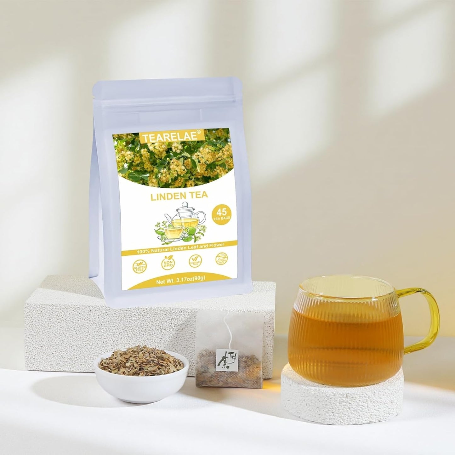TEARELAE - Linden Tea Bags, 45 Count - Premium Natural Linden Flower & Leaf - Cut & Sifted Te de Tilo - Caffeine-free - Non-GMO - Soothing Herbal Tea for Evening Relaxation