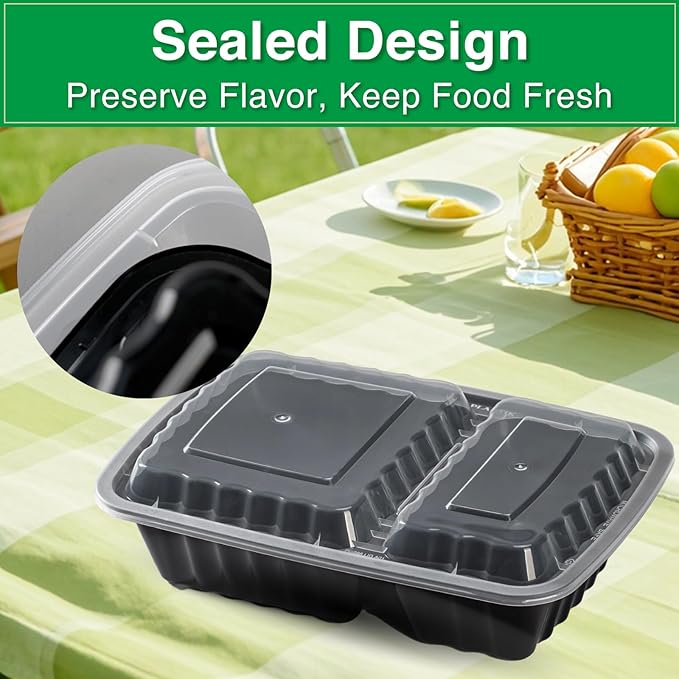 Meal Prep Containers 2 Compartment 15 Pack, 28 oz Divided Reusable Food Storage Containers with Lids Takeout Food Storage Containers Black, Microwave Dishwasher Freezer Safe, Stackable, BPA Free