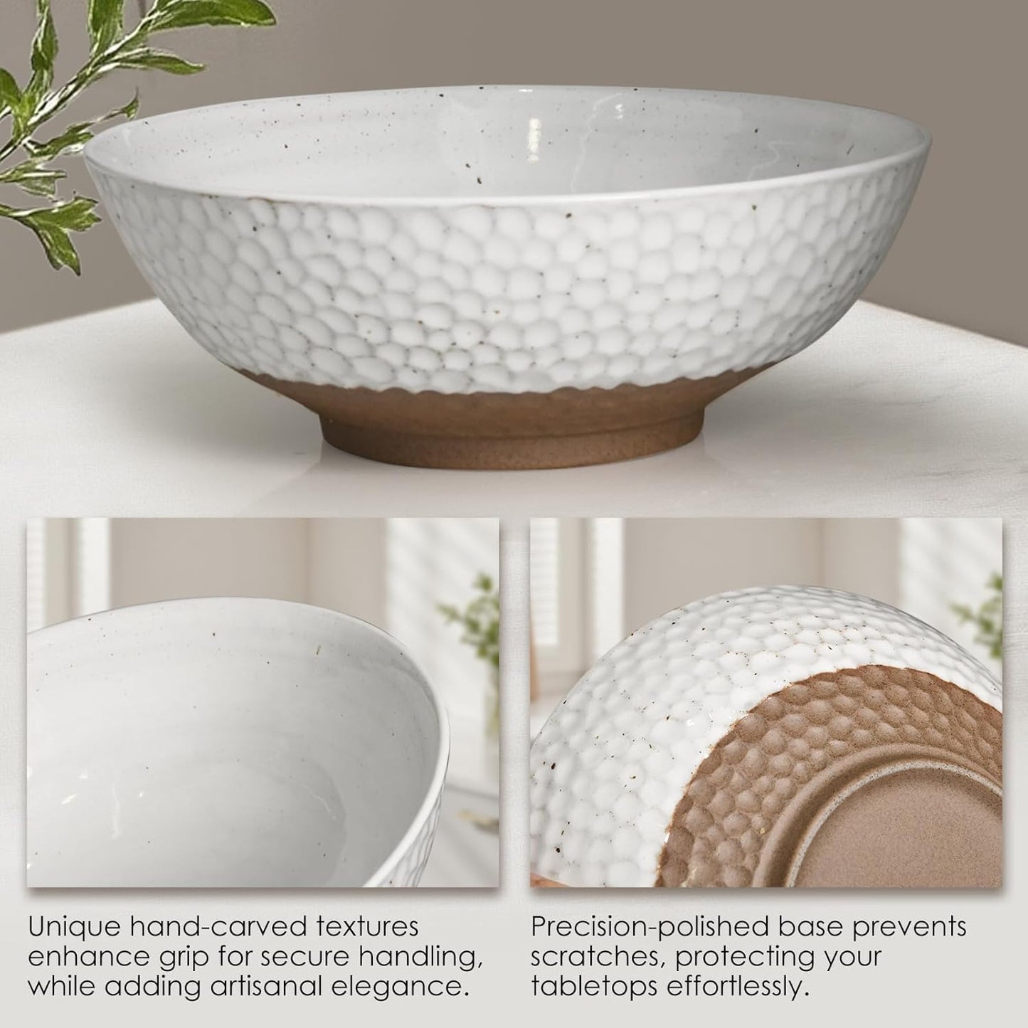 Wotalation Large White Ceramic Salad Serving Bowl - 9.4 Inch Party Bowl for Holidays, Fruit Bowl with Bamboo Utensils (57.4oz), Microwave & Dishwasher Safe
