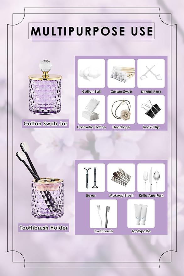 Purple Bathroom Accessories, 4Pcs Purple Bathroom Accessory Set Complete, Toothbrush Holder Set, Soap Dispenser, Qtip Holder, Tumbler, Perfect for Bathroom Decor and Vanit