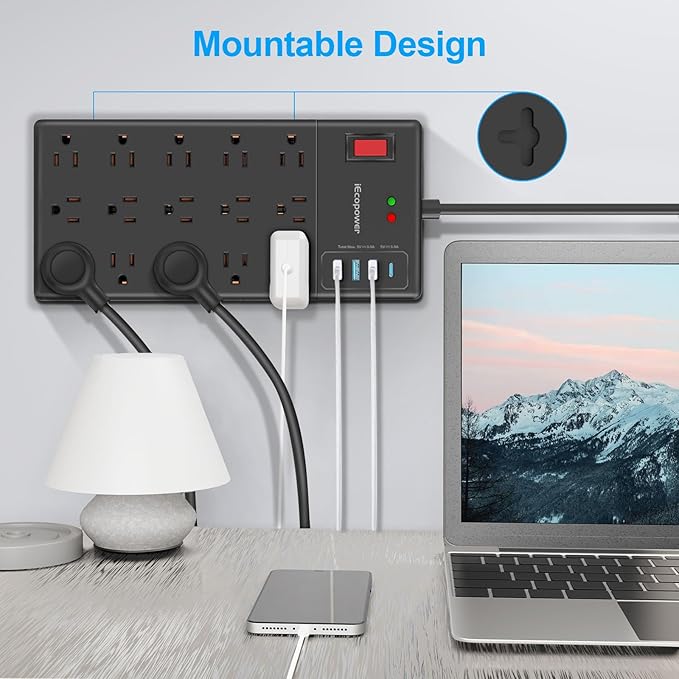 Surge Protector Power Strip 15 ft cord-15 Widely Spaced Outlets and 4 USB Ports(1 USB C Port),14 AWG Extension Cord,1875W/15A Heavy Duty Power Strip Surge Protector 15 ft Cord,2800J,Black