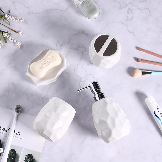 Ceramic Bathroom Accessories Set 4 PCS,Modern Bathroom Accessory Set,Include Toothbrush Holder,Soap Dispenser, Tumbler,Vanity Tray,Bathroom Sets Decor Organizer with Soap Dish,Apothecary Jar (White)