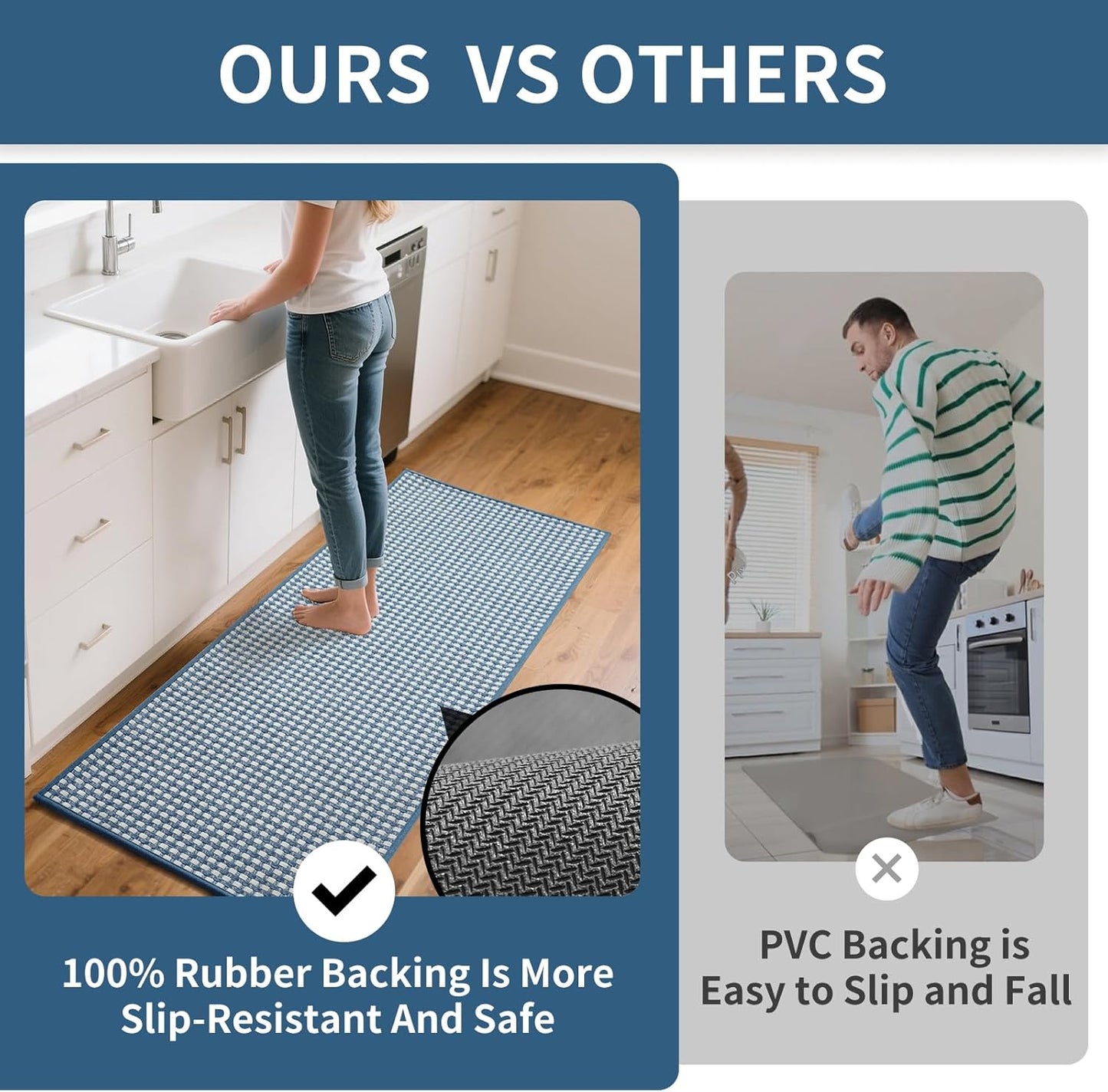 Kitchen Mats for Floor, Super Absorbent Kitchen Rugs Non Slip Washable, Rubber Backing Soft Chenille Braided Kitchen Runner Rug Standing Mat Sink Mat, Easy to Clean, Blue 17"x28"