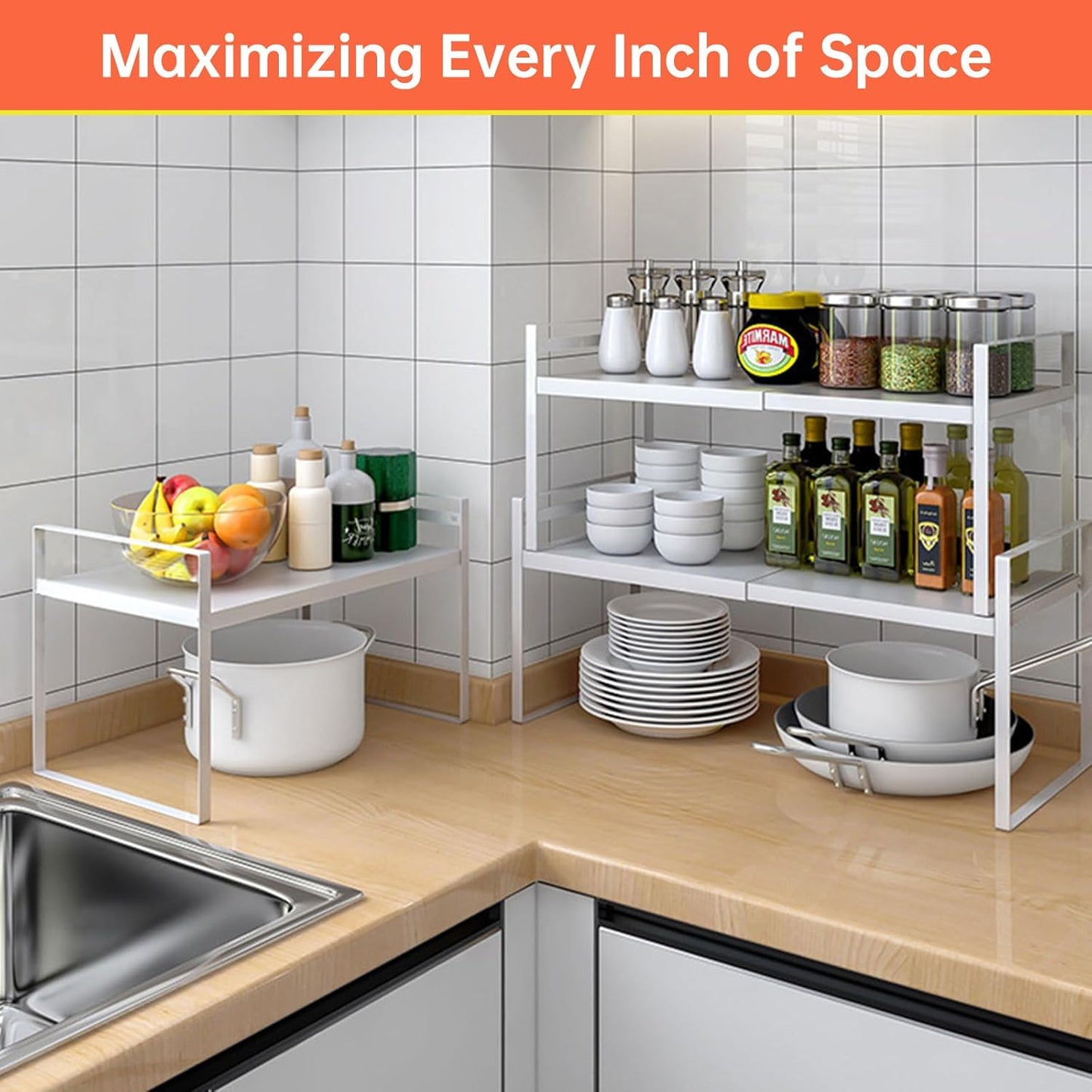 Expandable Cabinet Shelf Organizer Rack 9 inch, Pantry Organizer Lengthen from 14” to 25” , Large Kitchen Cabinet Storage Shelf Rack, Storage Organizer white,Spice Rack Expandable Shelves,
