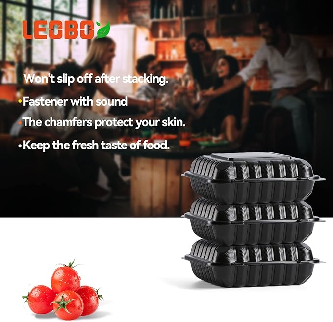 Takeout Container Mineral Filled PP Plastic - 7.8 Inch 30oz 65 Pack BPA Free 3 Compartments Shrink Wrap Bento Box | Freezer & Microwave Safe for Picnic | Black Reusable & Disposable Containers