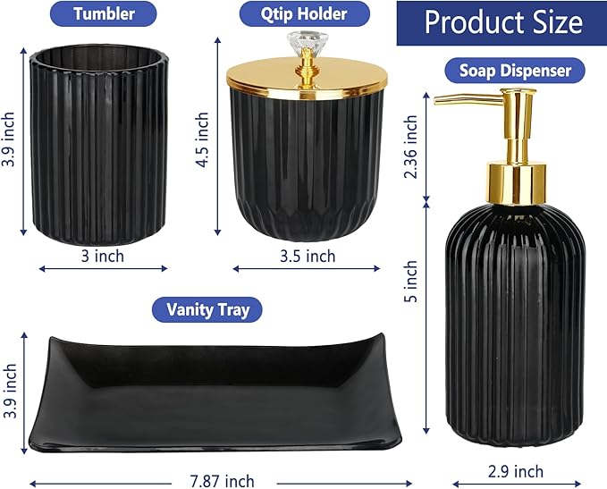 Haturi Bathroom Accessories Set, 4Pcs Black Glass Bathroom Accessories Sets Complete w/Lotion Soap Dispenser, Toothbrush Holder, Apothecary Jar, Vanity Tray, Bathroom Decor, Gift for Home Apartment