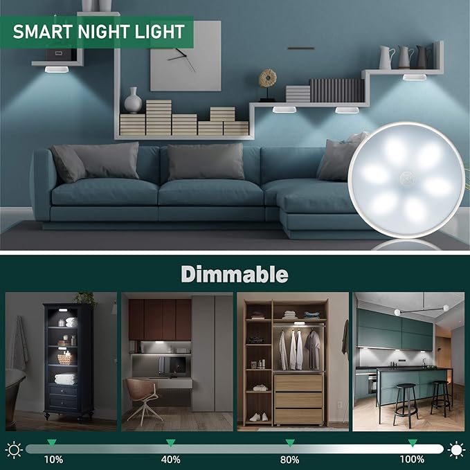 LED Closet Lights Wireless Motion Sensor Puck Light with Remote Control, Rechargeable Step Puck Lights,Dimmable Under Cabinet Indoor Lighting Magnet Stick-on Light for Counter Kitchen Wardrobe(6 Pack)