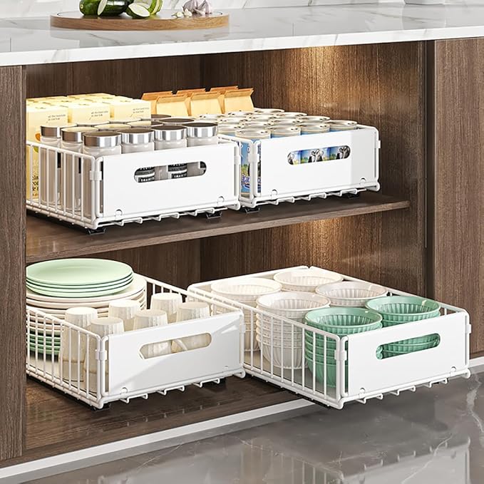 Pull Out Cabinet Organizer Slide Out Drawer Storage Shelves Cupboard Organiser Sliding Cabinet Basket for Kitchen No Drilling and Nailing (White, 4Piece 9.8"W X15"D X 7.5"H)