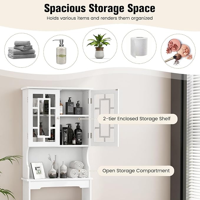 COSTWAY Over The Toilet Storage Cabinet, Bathroom Shelf Over Toilet, Double Door Bathroom Storage Cabinet Organizer with Adjustable Shelf, Open Shelf (White)