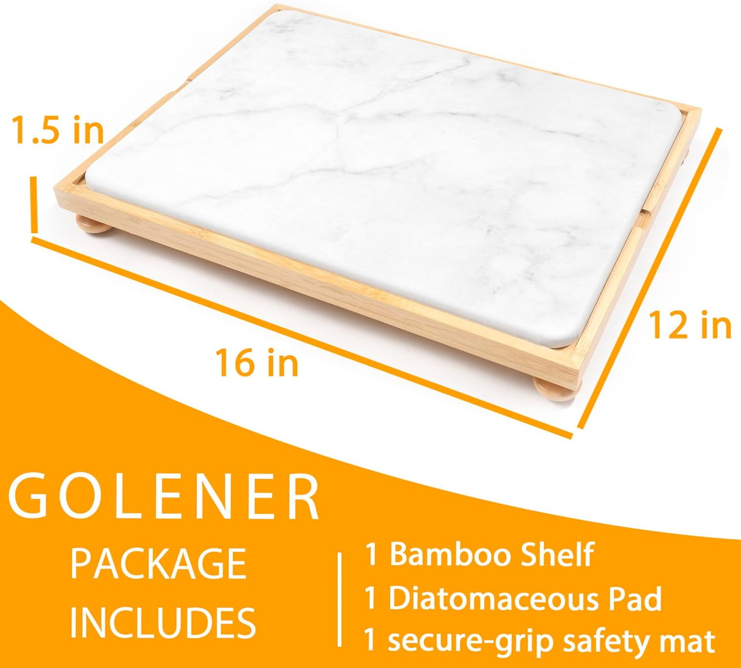 Golener Stone Drying Mat for Kitchen Counter, Dish Drying Pad with Bamboo Rack, Super Absorbent Diatomaceous Earth and Drying Rack, Multi-purpose Quick Drying Mat Rack for Kitchen,16āx12ā,Marble White
