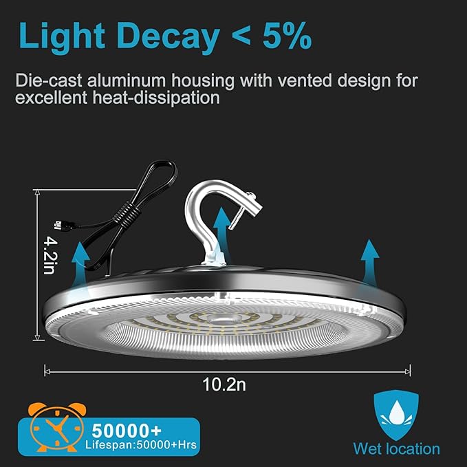 Lightdot Upgrade 150W LED High Bay Light AC100-277V 22500LM (Eqv. to 600W HPS/MH) UFO High Bay LED Shop Lights, ETL Listed UFO Lights with Plug for Warehouse (8 Pack)