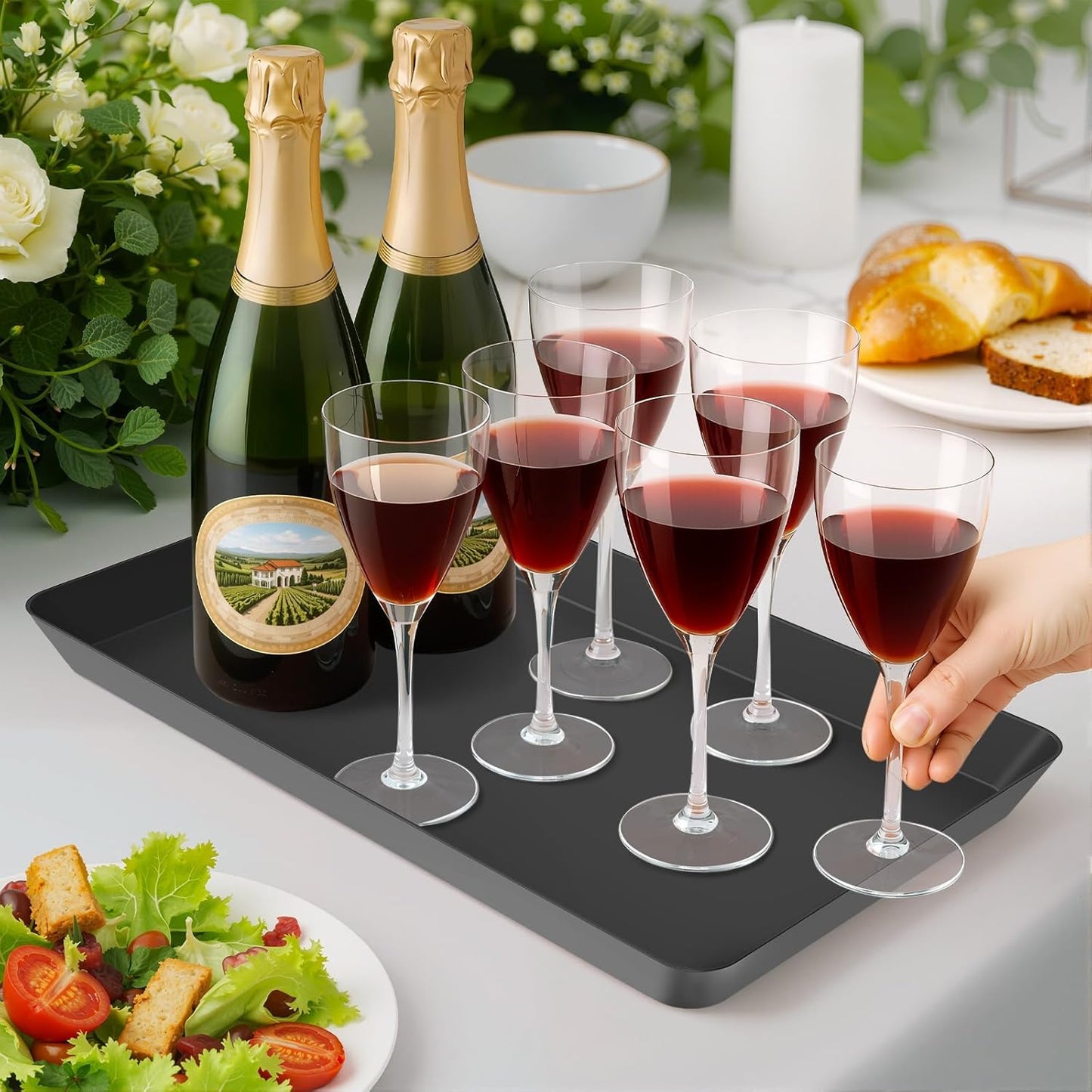 WOWBOX 8 pcs Serving Tray for Entertaining, Serving Platters for Snacks, Fruit, Cookies, Dessert, Reusable Plastic Trays for Serving Food and Pantry Organization in Kitchen & for Parties, (Black)