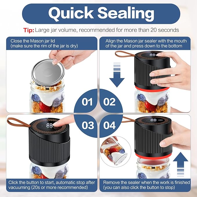 Electric Mason Jar Vacuum Sealer for Wide and Regular Mouth, 4 in 1 Auto Stop Mason Jar Vacuum Sealer Kit, Cordless Portable Canning Vacuum Sealer Machine for Canning Pickling Food Storage