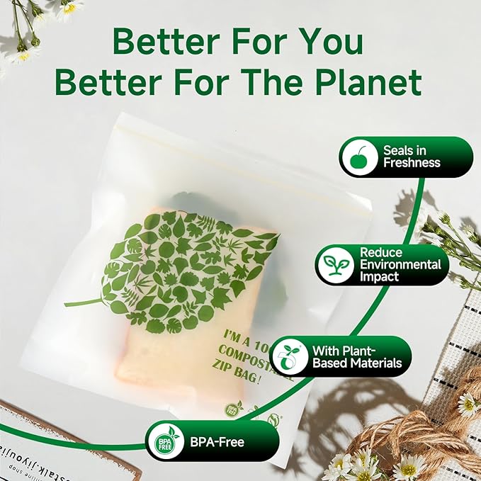 ECOOPTS 25×100% Compostable Sandwich Zip Bags | ECO-Friendly Food Storage Bags | Freezer Bag | Plant-Based BPA-free | Seal well for Sandwich,Fruit,Food and Snack (1Pack, Medium Size)