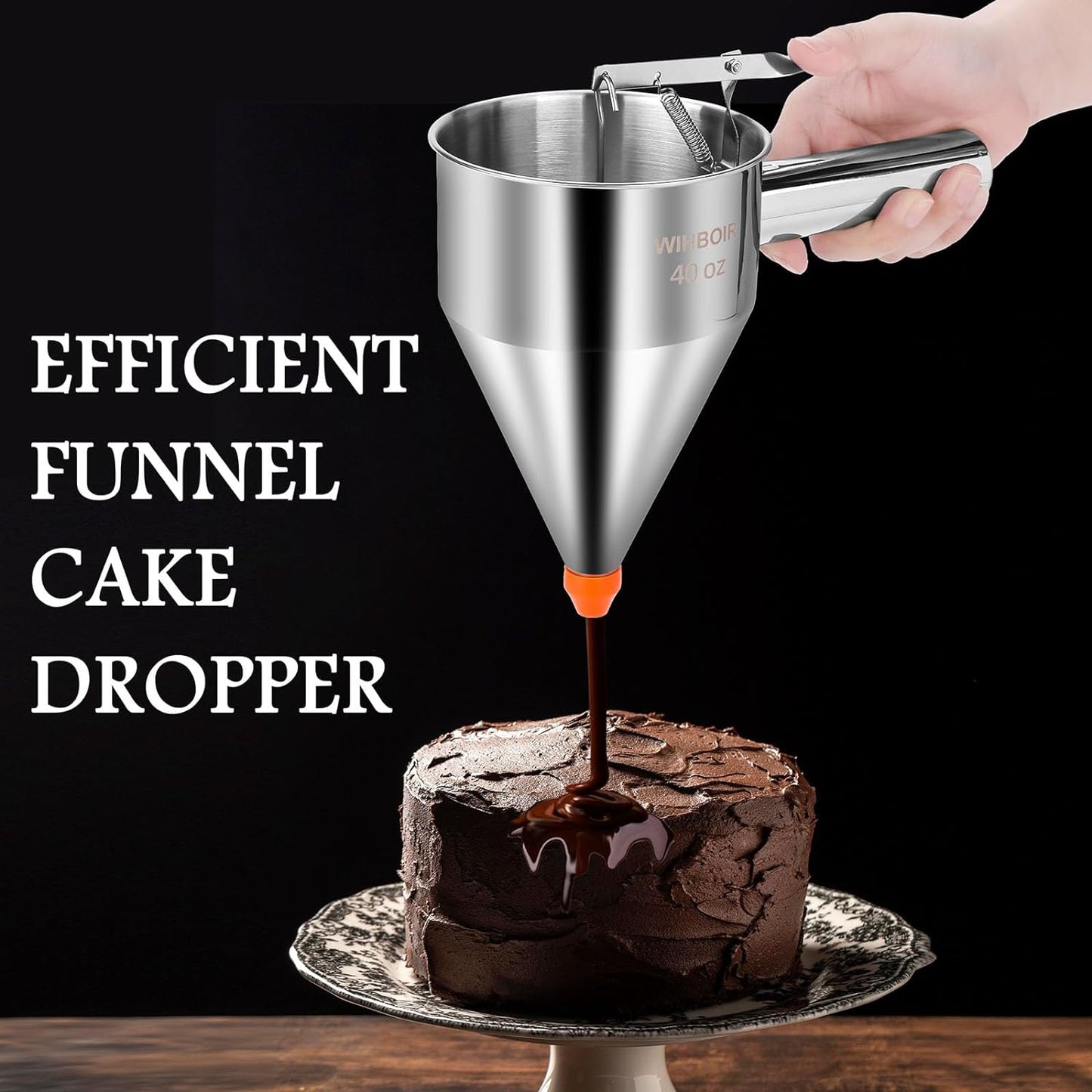 Stainless Steel Pancake Batter Dispenser with Squeeze Handle and Multi-Nozzle, for Pancakes, Cupcakes, and Baked Goods. 40 oz