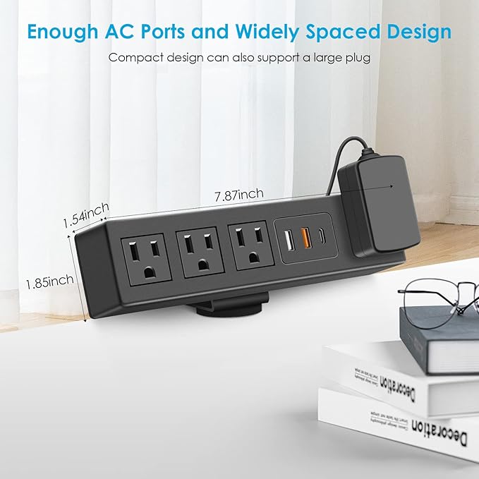 CCCEI Desk Clamp Power Strip with USB-A and USB-C Ports, Desktop Mount Surge Protector 1200J, Widely Spaced Desk Outlet Station, Fast Charging, 3 FT Flat Plug, Fit 1.9 inch Tabletop Edge.