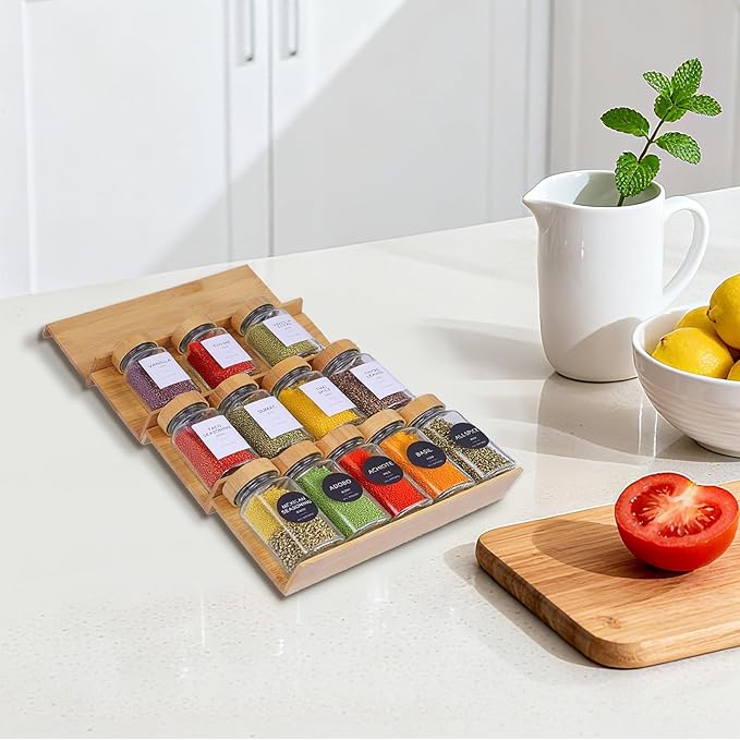 Bamboo Spice Rack for Drawer with 12 Jars,4 Tier Stackable Seasoning Storage Organizer Insert,for kitchen condiments storage insert(Combined Size:18.9" D x 9.5" W x 1.8" H)