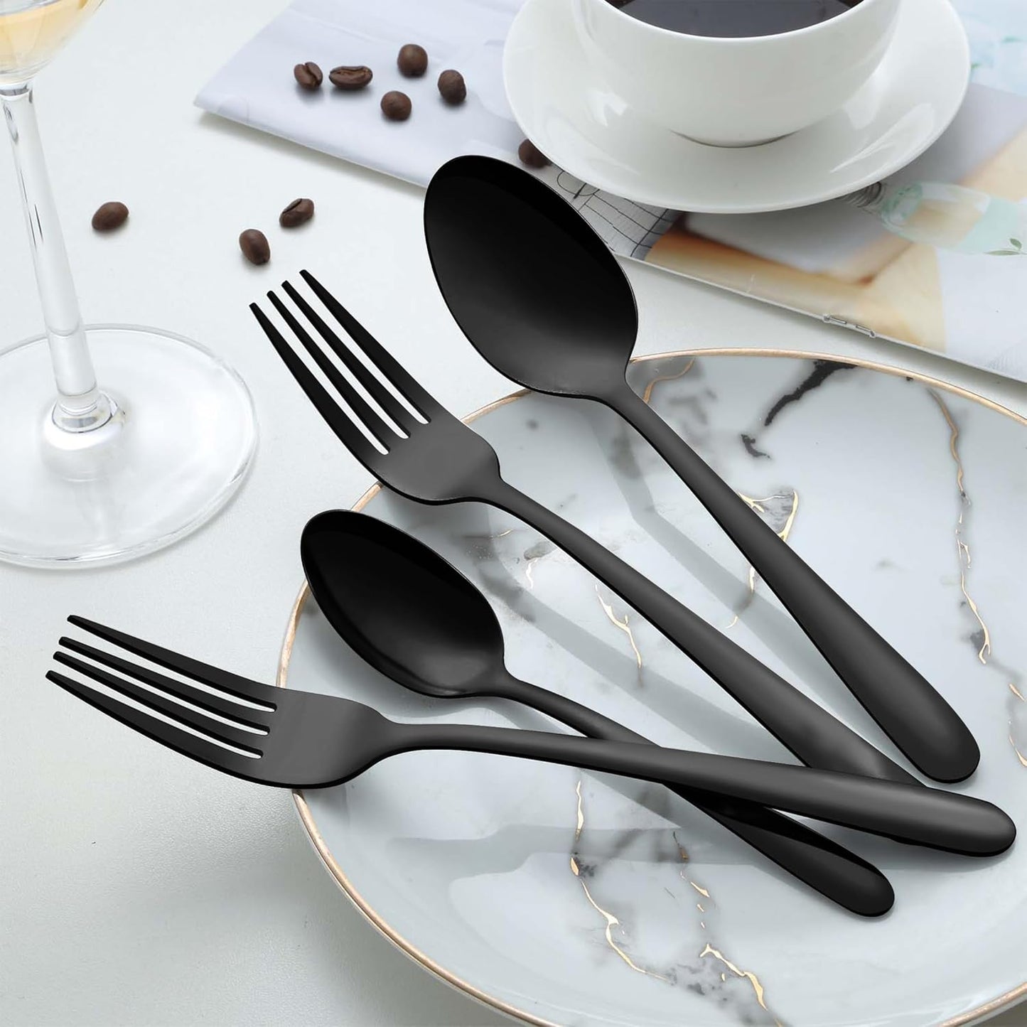 Pleafind 36Pcs Black Dinner Spoons Set - 7.4 inch, Spoons Silverware, Stainless Steel Spoon, Mirror Polished Tablespoon, Black Silverware Set for Home, Kitchen, Restaurant, Dishwasher Safe