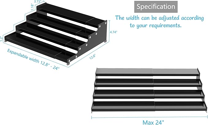 Expandable 4-Tier Step Spice Rack Organizer for Kitchen Cabinet Modern Design and Non Skid Space Saving Storage Shelf for Countertop Cabinets Pantry(1Pack/Black)