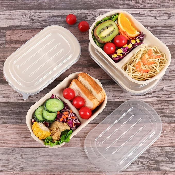 32 oz Disposable bowls with lids, 2 compartments Sugarcane Fiber Food Container, Food Storage, 50 Pack