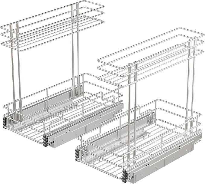 Under Sink Organizer 9"W X17"D, Pull Out Cabinet Organizer 2 Tier, Under Sink Slide Out Chrome Plated, Under Kitchen Bathroom Sink Organizer, Pantry Cabinet Closet Organization Rack, 2 Pack