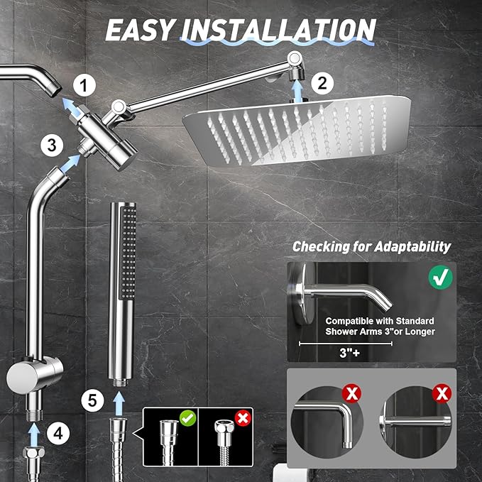 Veken Shower Head, 10'' All Metal Rain Shower Heads with Handheld Spray Combo, Hand Held Bathroom Combo with Extension Arm, Dual shower with Power Wash, Adjustable Rainfall Showerhead, Chrome