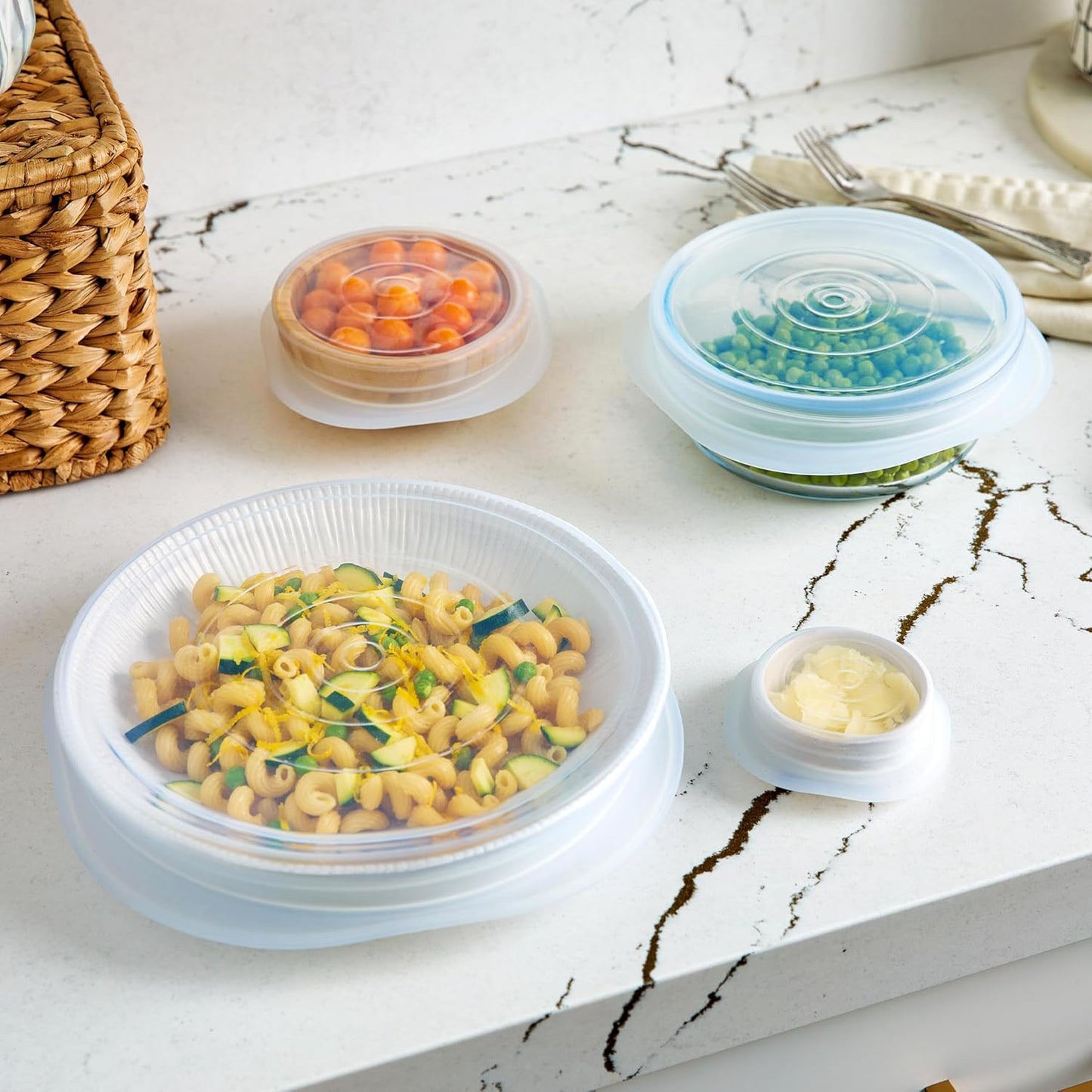 Stasher Premium Reusable Silicone Stretch Lids Variety 4-Pack, Clear, 9”, 6.5”, 4.5”, 2.5”, Airtight Seal, Food Container Covers, BPA Free, Leak-free, Dishwasher Safe, Microwave Safe, Eco-Friendly