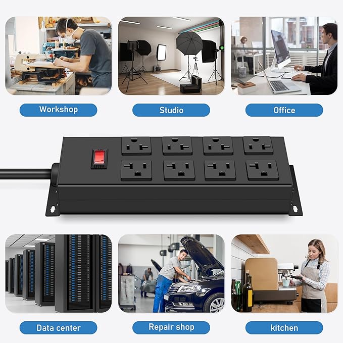 JUNNUJ Heavy Duty 20 Amp Power Strip, Garage 8 Outlets Metal 12 Gauge Surge Protector 3000J, High Amp 5-15P Adapter Shop 6-20R T-Slot Industrial Outlets (8AC, 10FT)