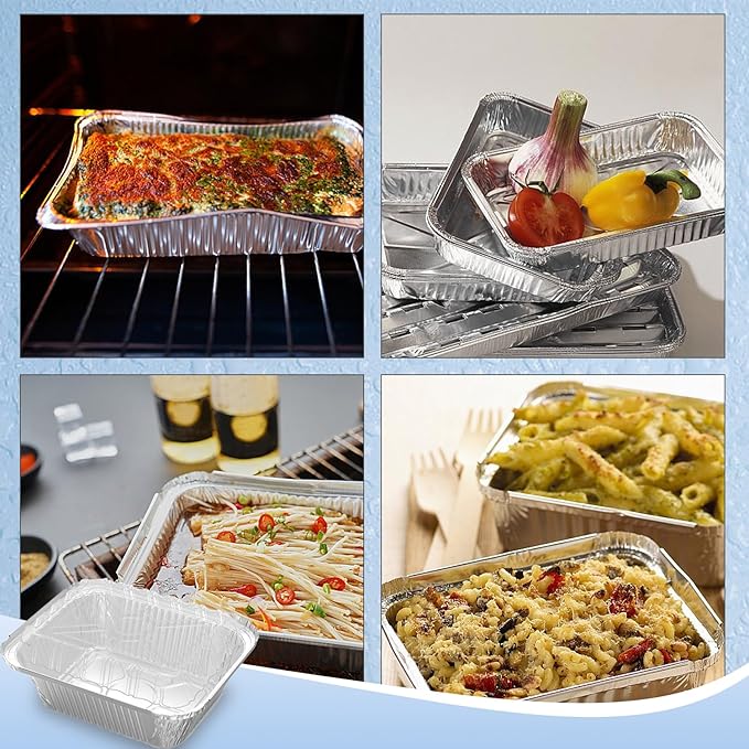 50 Pack 2 lb Rectangular Disposable Aluminum Foil Pan 32 oz Take Out Food Containers with Clear Plastic Dome Lids, for Catering, Baking, Roasting Food