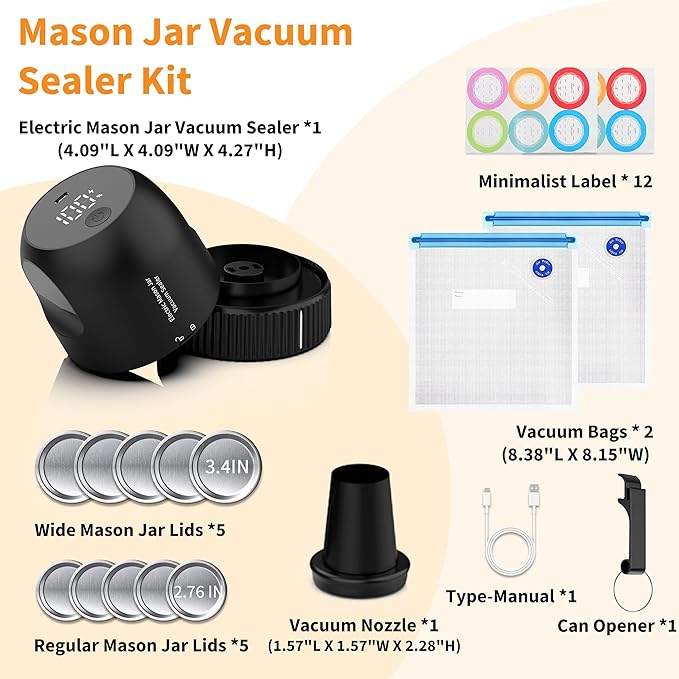 Mason Jar Vacuum Sealer Kit, 3 in 1 Auto Stop Electric Jar Vacuum Sealer for Mason Jars for Wide & Regular Mouth Mason Jars & Sous Vide Bags, Portable Compact Vacuum Seal for Jar Food Storage Black
