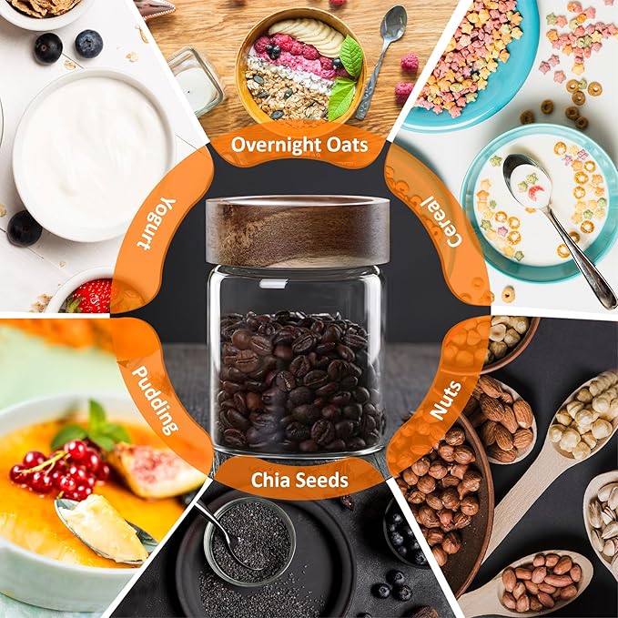26 oz/850 ml Clear Glass Storage Canister with Airtight Wooden Lid, 4 Pack Small Overnight Oats Containers, Cute Decorative Salad Jar for Snacks Yogurt Spice Sugar Cereal Fruit Coffee Tea