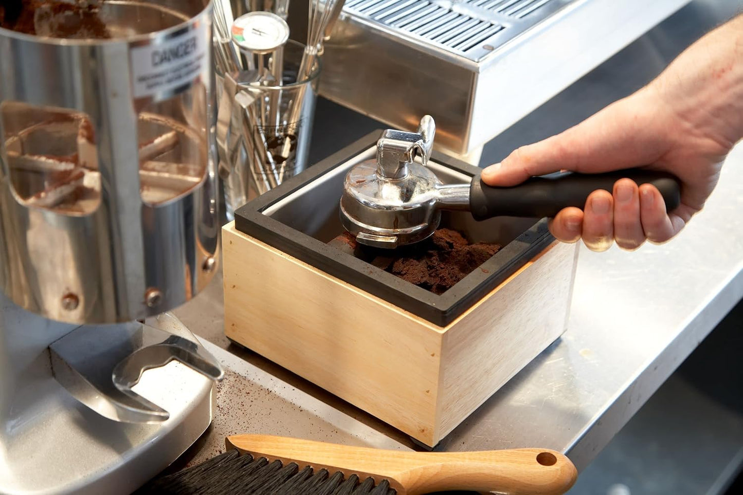 Rattleware Stainless Steel Knock Box with Maple Holder ā Heavy-Duty Espresso Knock Bin, Perfect Coffee Bar Accessories, Durable Barista Accessory, Easy to Clean Grounds Container