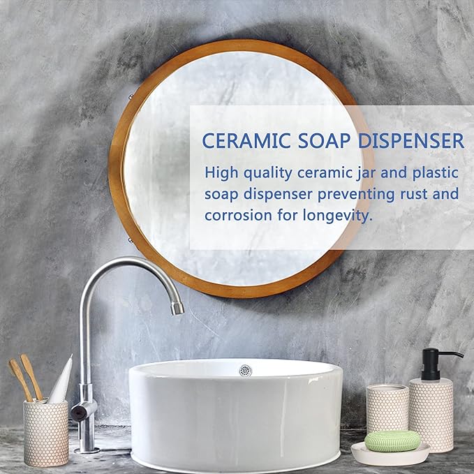 Bathroom Accessory Set-4 Pcs Complete, Honeycomb Pattern Ceramic Bathroom Accessories Gift Set Toothbrush Holder, Toothbrush Cup, Soap Dish, Soap Dispenser