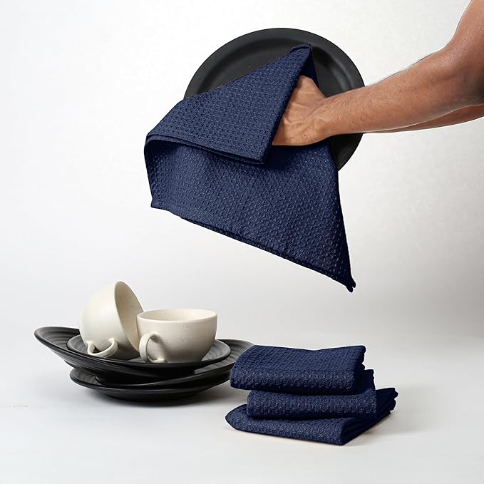 Navy Waffle Kitchen Towels, 16"x26", Soft, Absorbent, Durable, Quick Drying, 100% Cotton, Reusable, Machine Washable, Ideal for Cleaning, Multipurpose Dish Towels, Set of 4