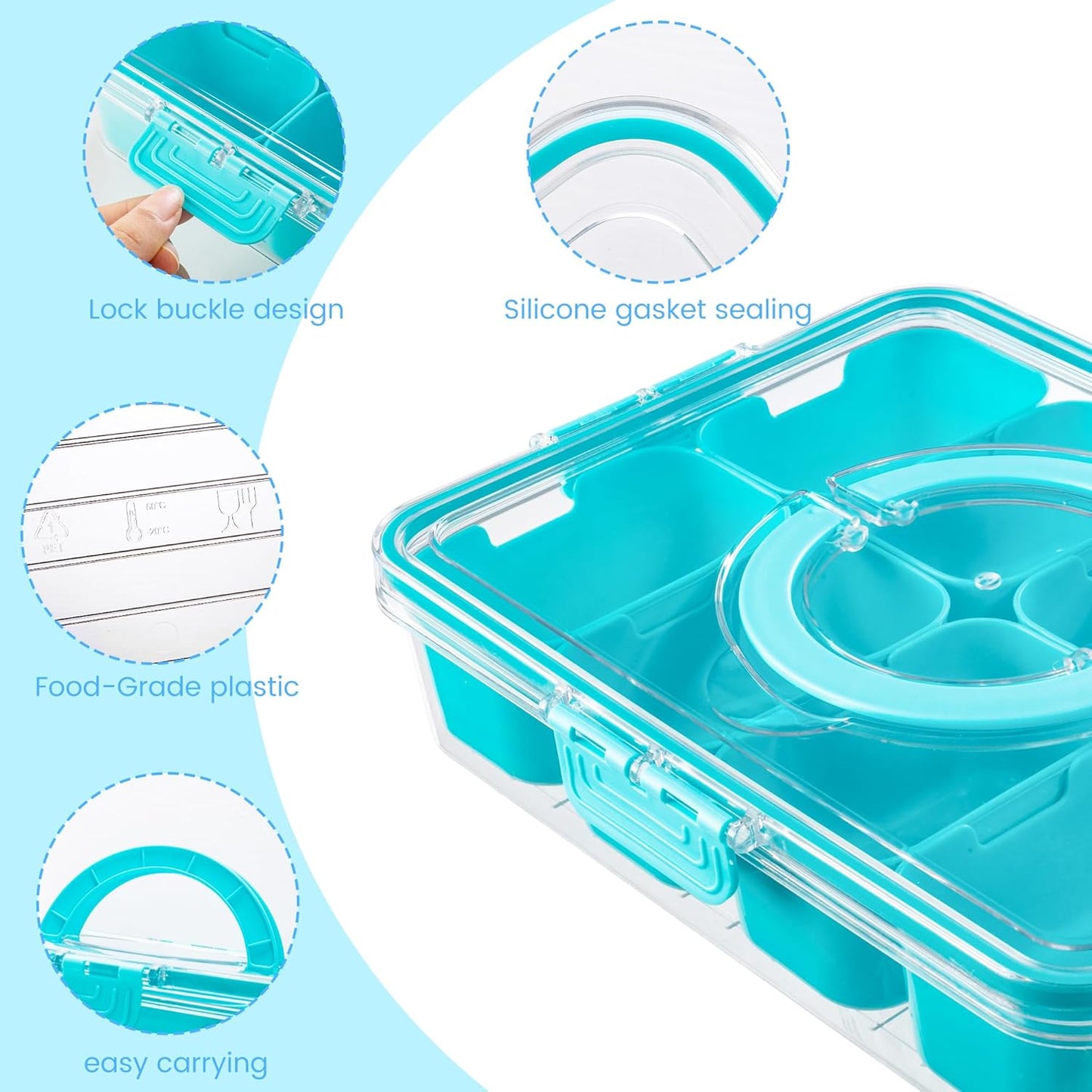 Divided Serving Tray with Lid and Handle - Snackle Box Charcuterie Container for Portable Snack Platters Organizer for Candy, Fruits, Nuts, Snacks - Perfect for Party, Entertaining, Pink