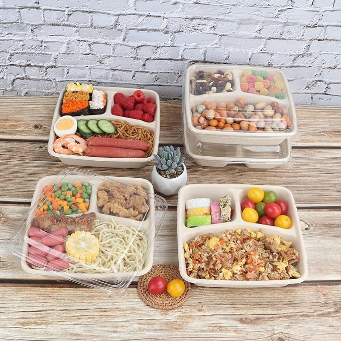 34 oz 3 compartments Square Disposable bowls with lids,Sugarcane Fibers Bowls take away food containers Plant Fibers Freezer Safe 25 Pack