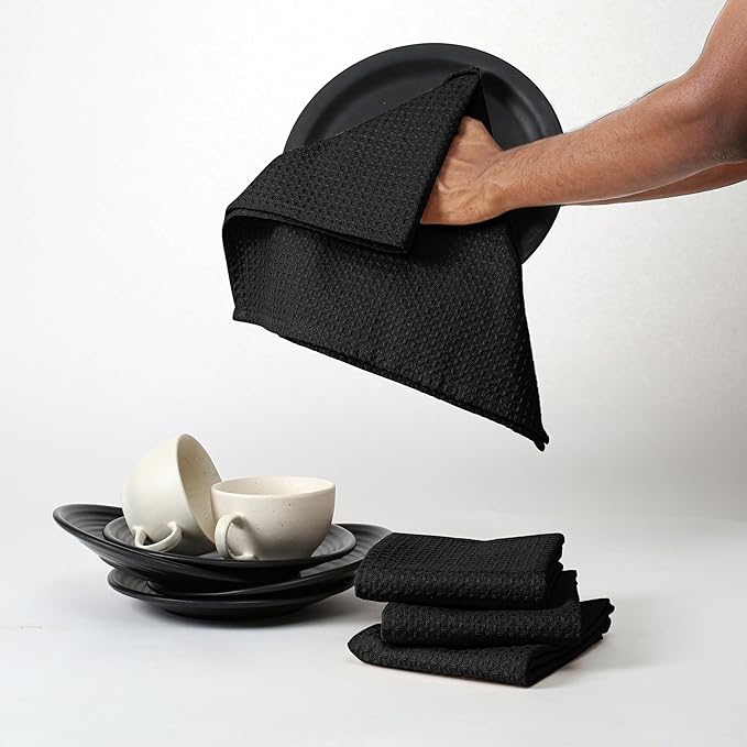 Black Waffle Kitchen Towels, 16x26 Inches, Absorbent, Soft, and Durable, Quick Drying, Reusable, Machine Washable, 100% Cotton, Perfect for Cleaning, Multipurpose Dish Towels, Set of 4