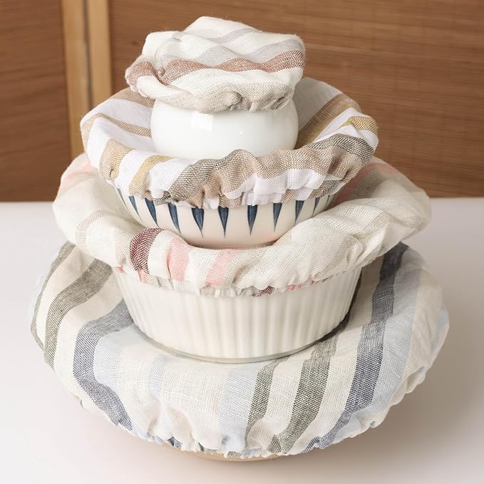 100% Linen Bowl Covers Reusable For Bread Proofing, 4 Pcs Elastic Cloth Fabric Colorful Stripe Bowl Covers, 5.9 * 7.9 * 9.8 * 11.8 Inches, Colorful 3