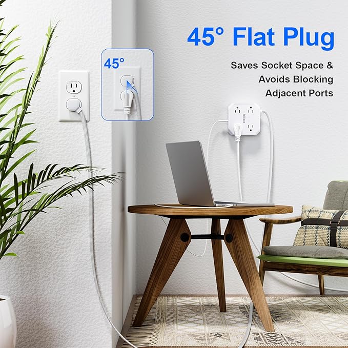 Surge Protector Power Strip, 8 Outlets with 4 USB Ports(2 USB C), 4-Sided 1050J Outlet Extender with 5FT Flat Extension Cord for Travel, Home, School, College Dorm Room Essentials