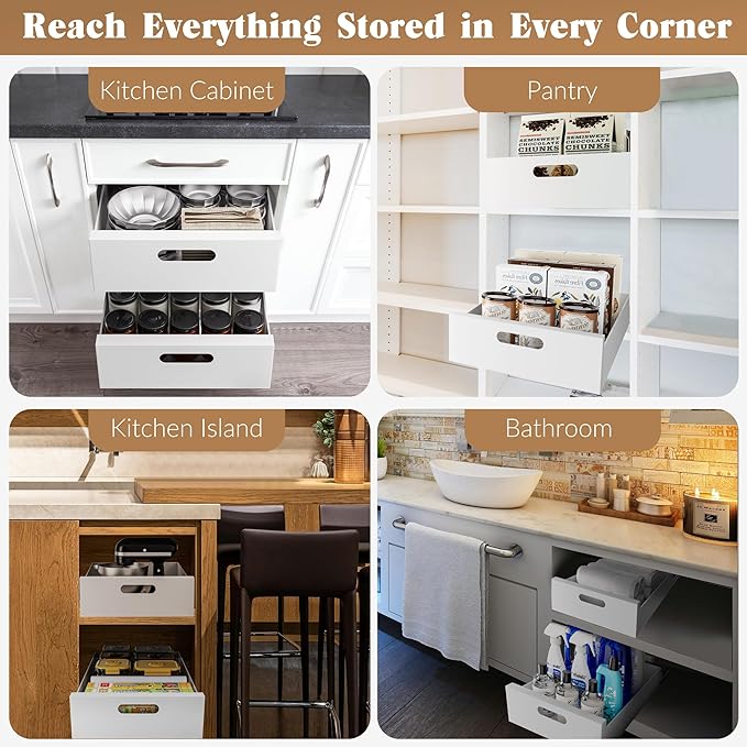 HBL' 2 Pack | 21" Deep Pull Out Cabinet Organizer Adhesive, 10-Inch Wide Sturdy Carbon Steel Roll-Out Drawers for Face Frame or Frameless Cabinets,Slide-Out Shelves for Pantry.
