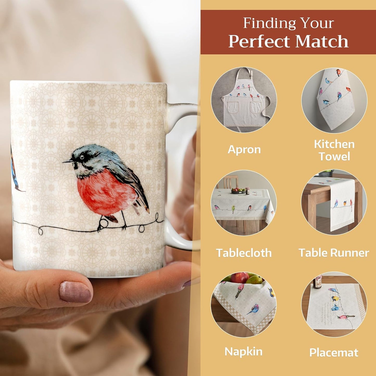 Maison d' Hermine Coffee Mug with Handles Fine Bone China Mugs Pack of Two Tea Cups for Hot Beverages Cappuccino Latte Home Restaurant Office Perfect for Gift (Birdies On Wire, 12 Ounce)