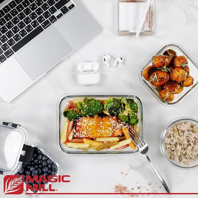 Magic Mill Borosilicate Glass Food Storage Containers with lids Set | Ultimate 24pc Sets with 12 Bowls & 12 Airtight Locking Lids for Lunch & Meal Prep, Safe for Oven, Freezer, Dishwasher, BPA-Free