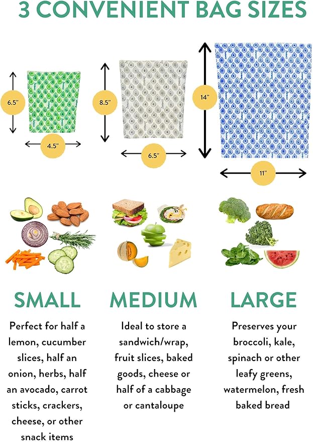 Beeswax Wrap Storage Bag, Reusable Food Storage Bags, Pack of 6, Plastic Free Biodegradable Food Wrap Alternative, Family Pack, 3 Small + 2 Medium + 1 Large, (grey)