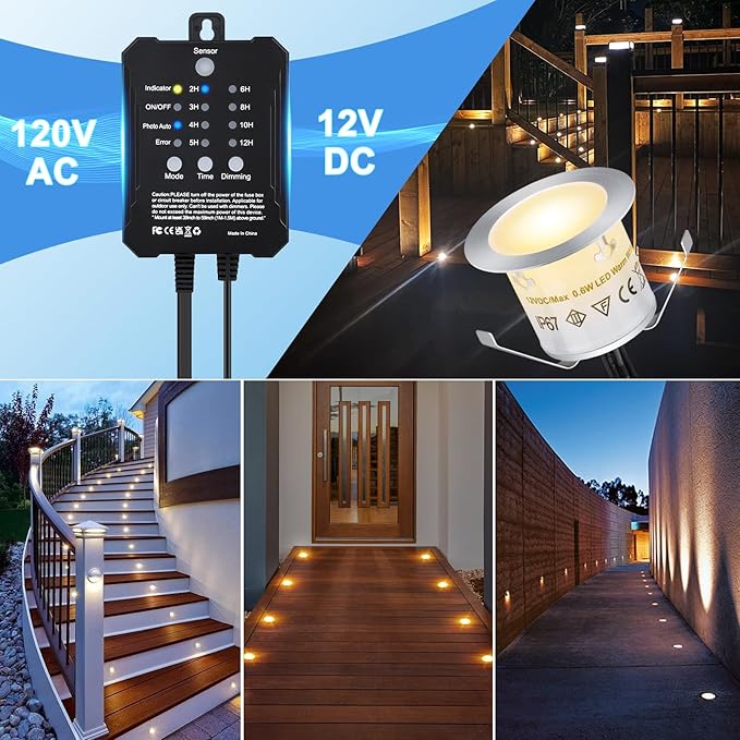 Dimmable LED Deck Lights With Timer and Photocell Sensor, 20 Pack Recessed Light Kits, IP67 Waterproof Outdoor Smart Lighting for Garden, Yard, Patio, Step, Floor Decoration
