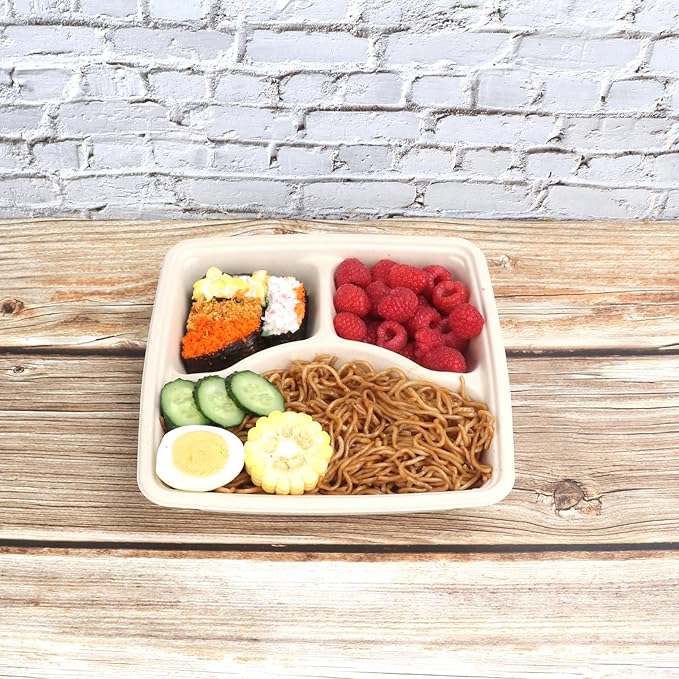 40 oz 3 compartments Square Disposable bowls with lids,Sugarcane Fibers Bowls take away food containers Plant Fibers Freezer Safe 25 Pack
