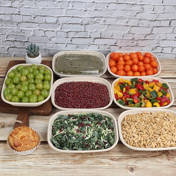 28 oz Disposable salad bowls with lids, Sugarcane Fiber Paper Bowls take away food containers meal prep Plant Fiber deli container 50 Pack